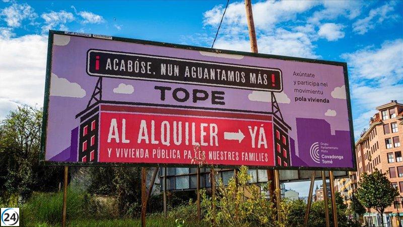El Grupo Mixto-Covadonga Tomé instala vallas en Oviedo para protestar contra el aumento de los alquileres.