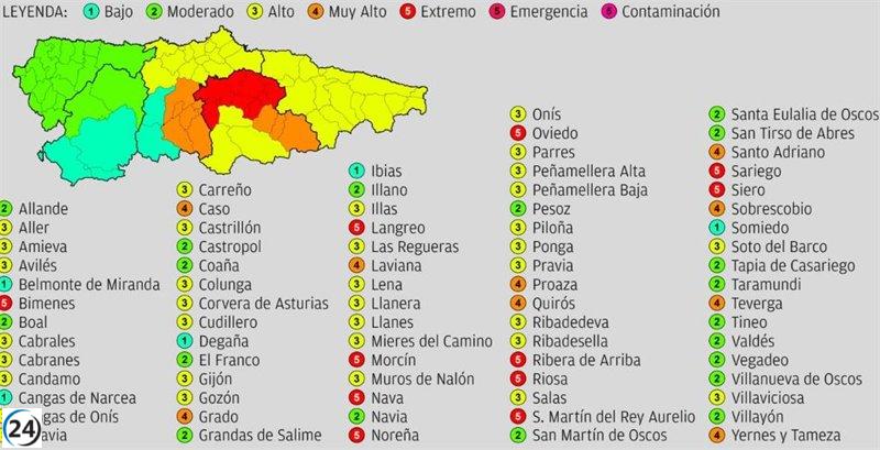 Catorce localidades de Asturias enfrentan este lunes un riesgo 'extremo' de incendios forestales.
