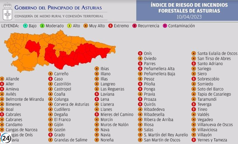 El peligro de incendios en los bosques será muy alto en veintiún municipios asturianos este lunes