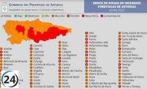 El peligro de incendios en los bosques será muy alto en veintiún municipios asturianos este lunes